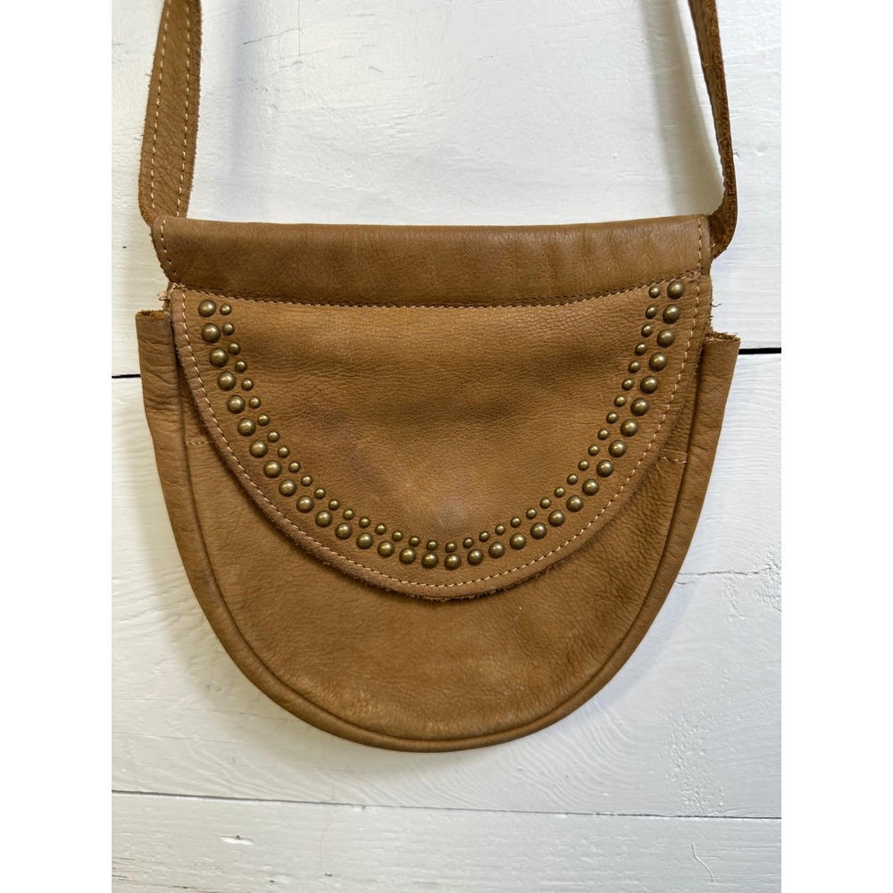 Sundance Italian Leather Studded Crossbody Bag Brown Saddle Purse Made in Italy